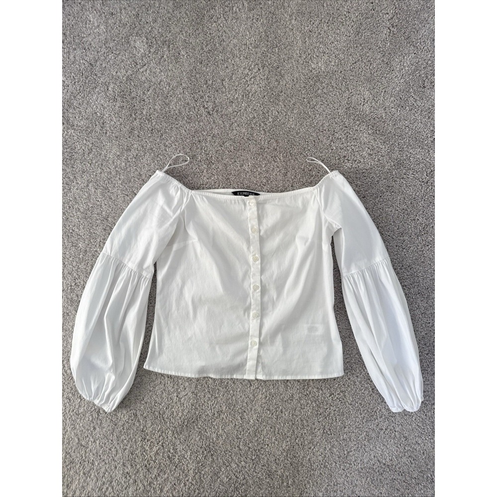 White Express Puffy 3/4Sleeve Blouse Button Up Off Shoulder CottageCore Romantic
